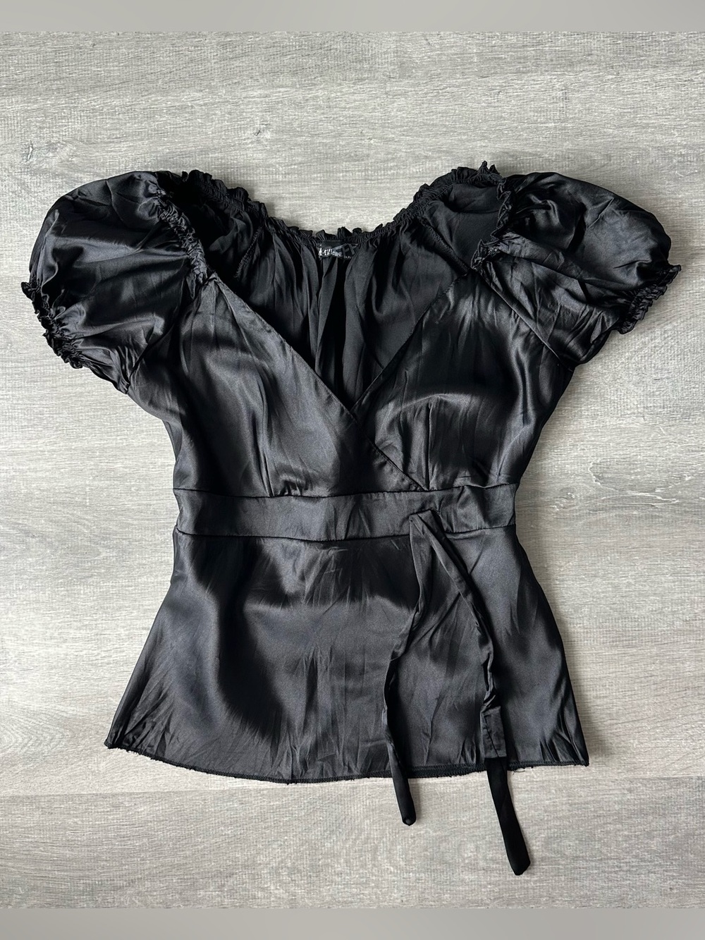 Filles de paris Black Satin Puff-Sleeve V Neck Blouse with tie front
